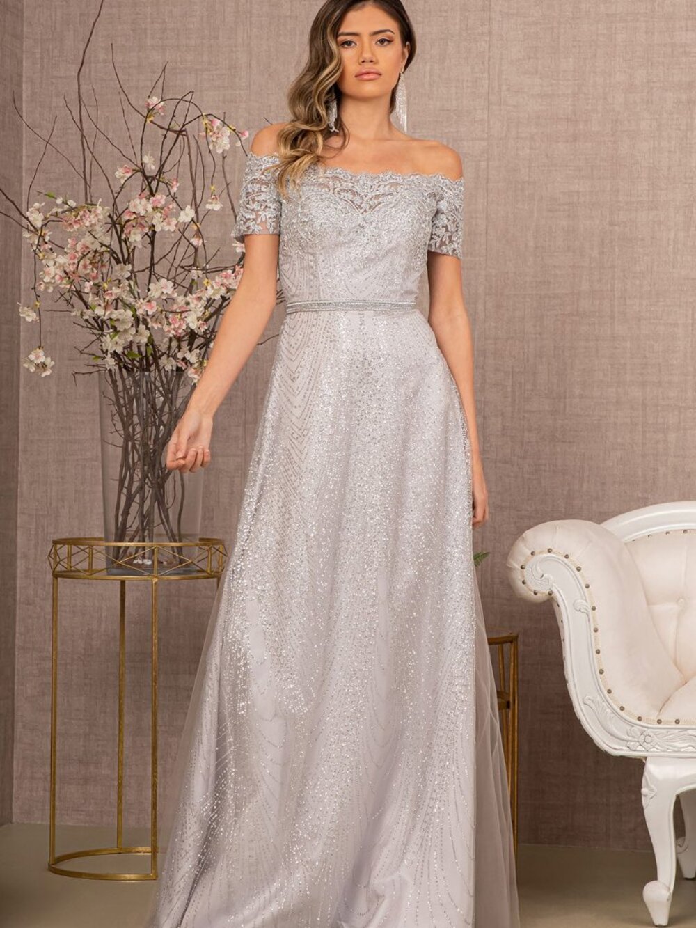 NEW SILVER Mesh & Glitter Evening Gown Floor Length Embellished GL2942